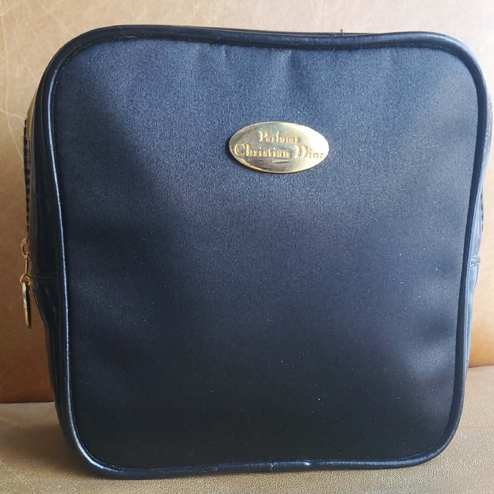 Dior Satin Patent Black Toiletry Cosmetic Clutch Bag with Gold Accents
